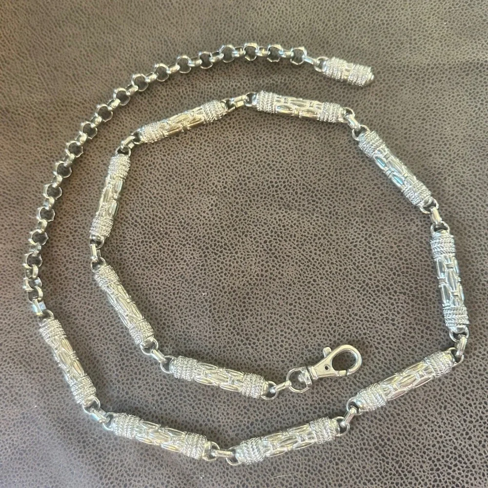 Textured Barrel Link Chain Belt Silver Tone Adjustable 30-40